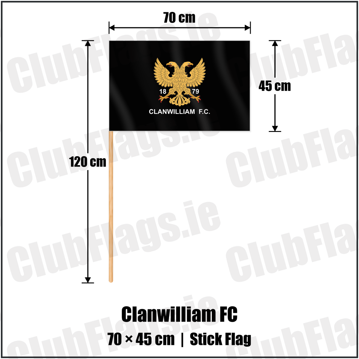 Clanwilliam FC 45cm x 70cm Stick Flag with the club crest and colours, Tipperary Rugby - ClubFlags.ie