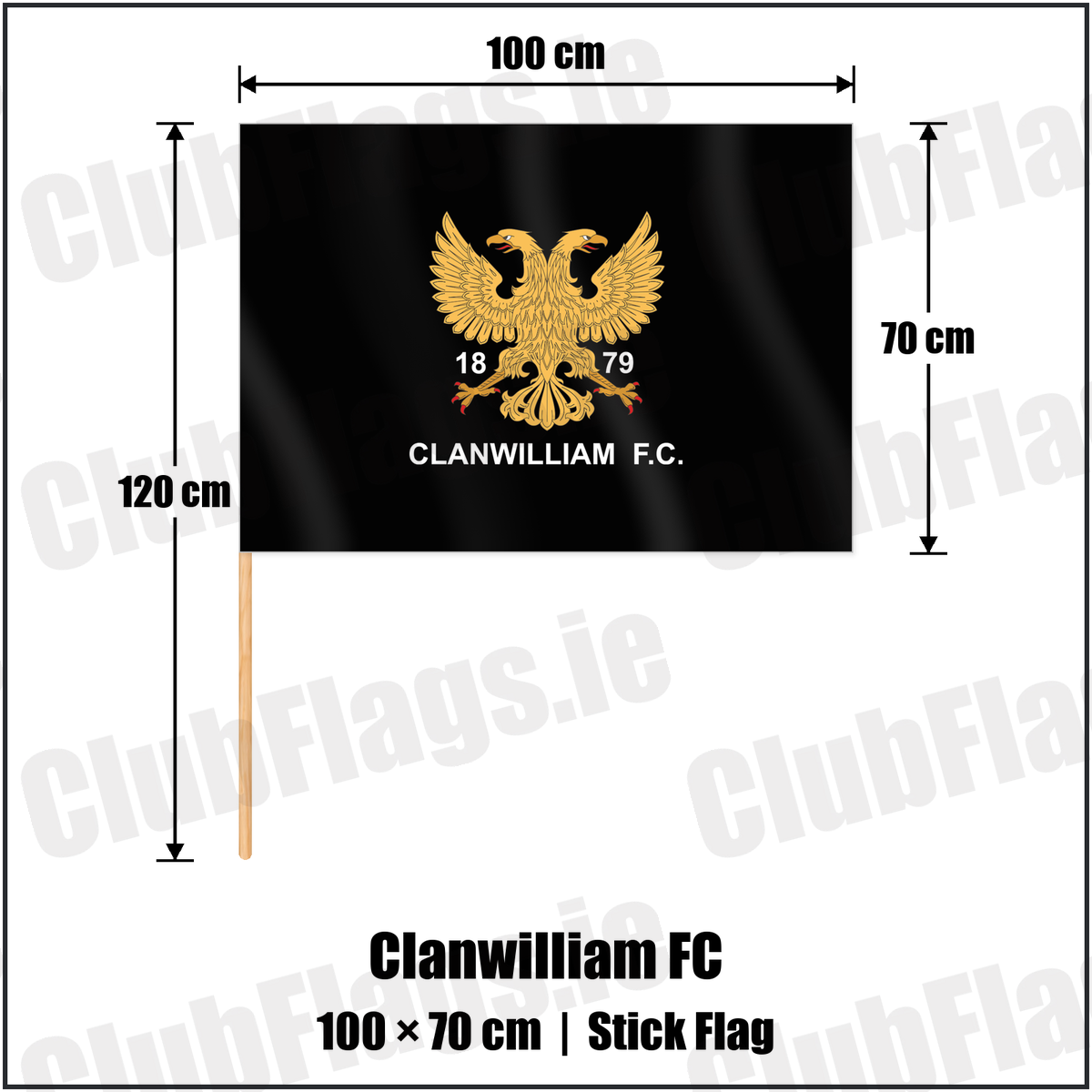 Clanwilliam FC 70cm x 100cm Stick Flag with the club crest and colours, Tipperary Rugby - ClubFlags.ie