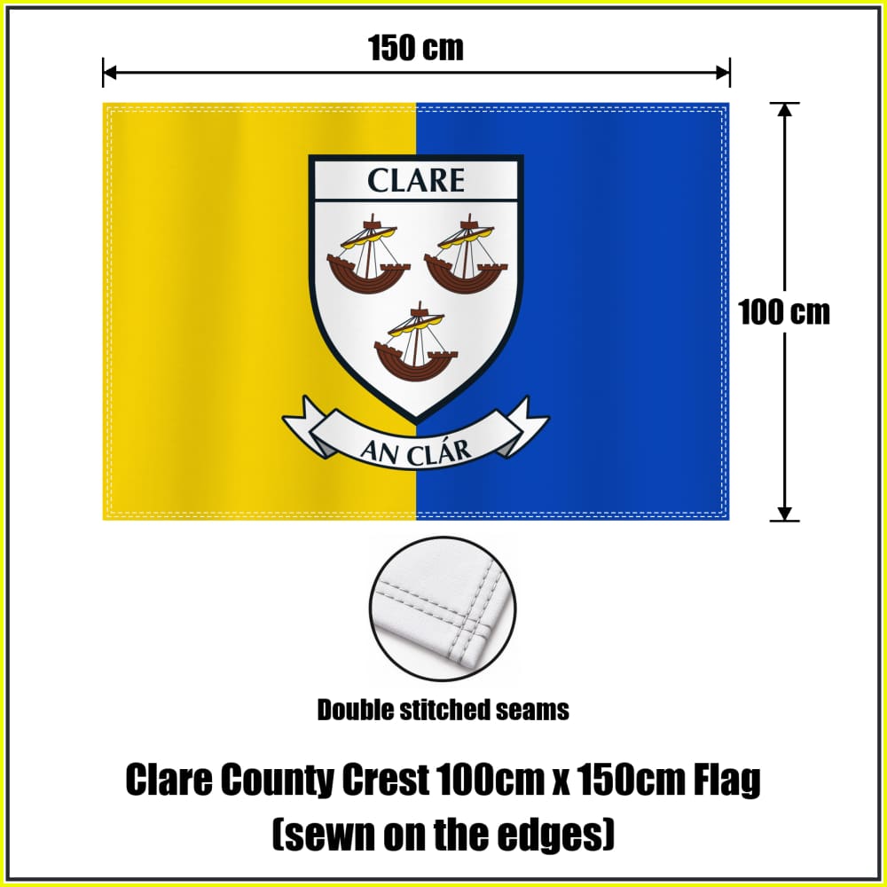 Clare county crest 100 × 150 cm sewn-edge flag in yellow and blue, with dimension arrows and a double-stitch seam close-up.