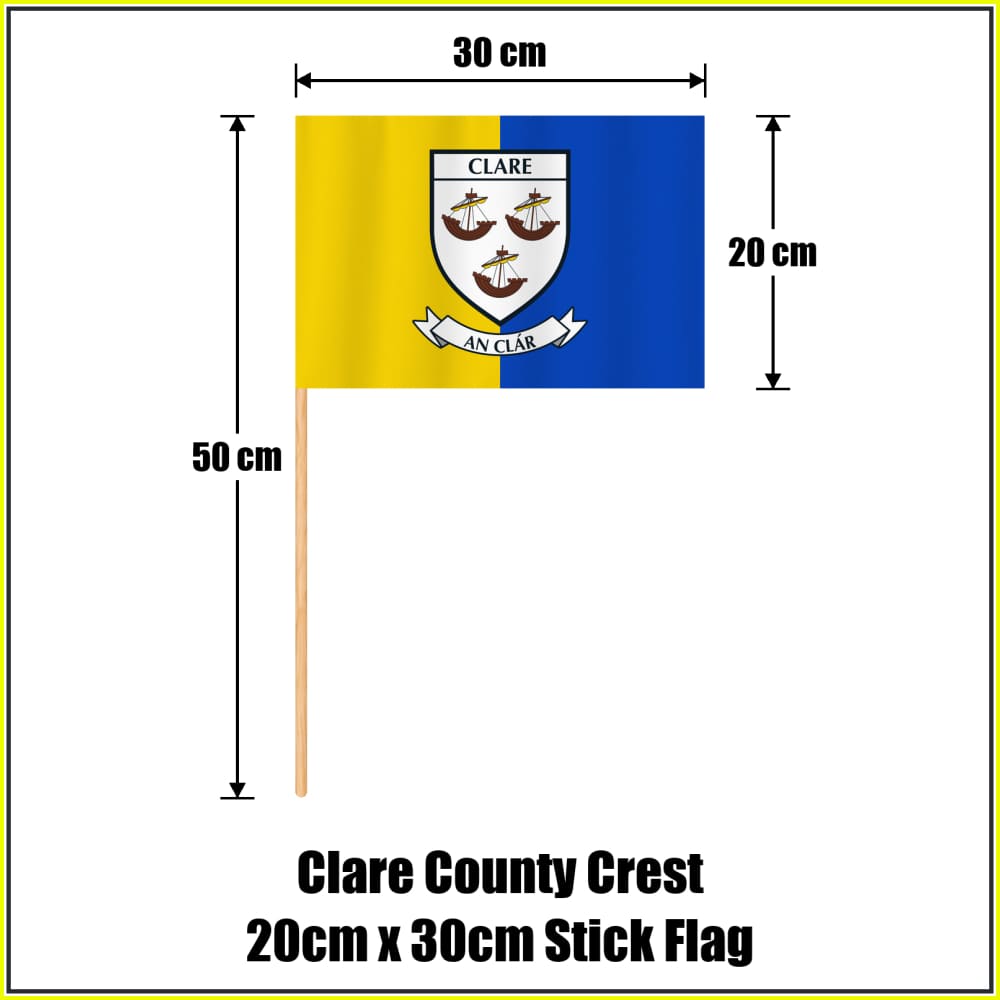 Clare county crest 20 × 30 cm stick flag in yellow and blue, with a 50 cm wooden stick and dimension arrows.