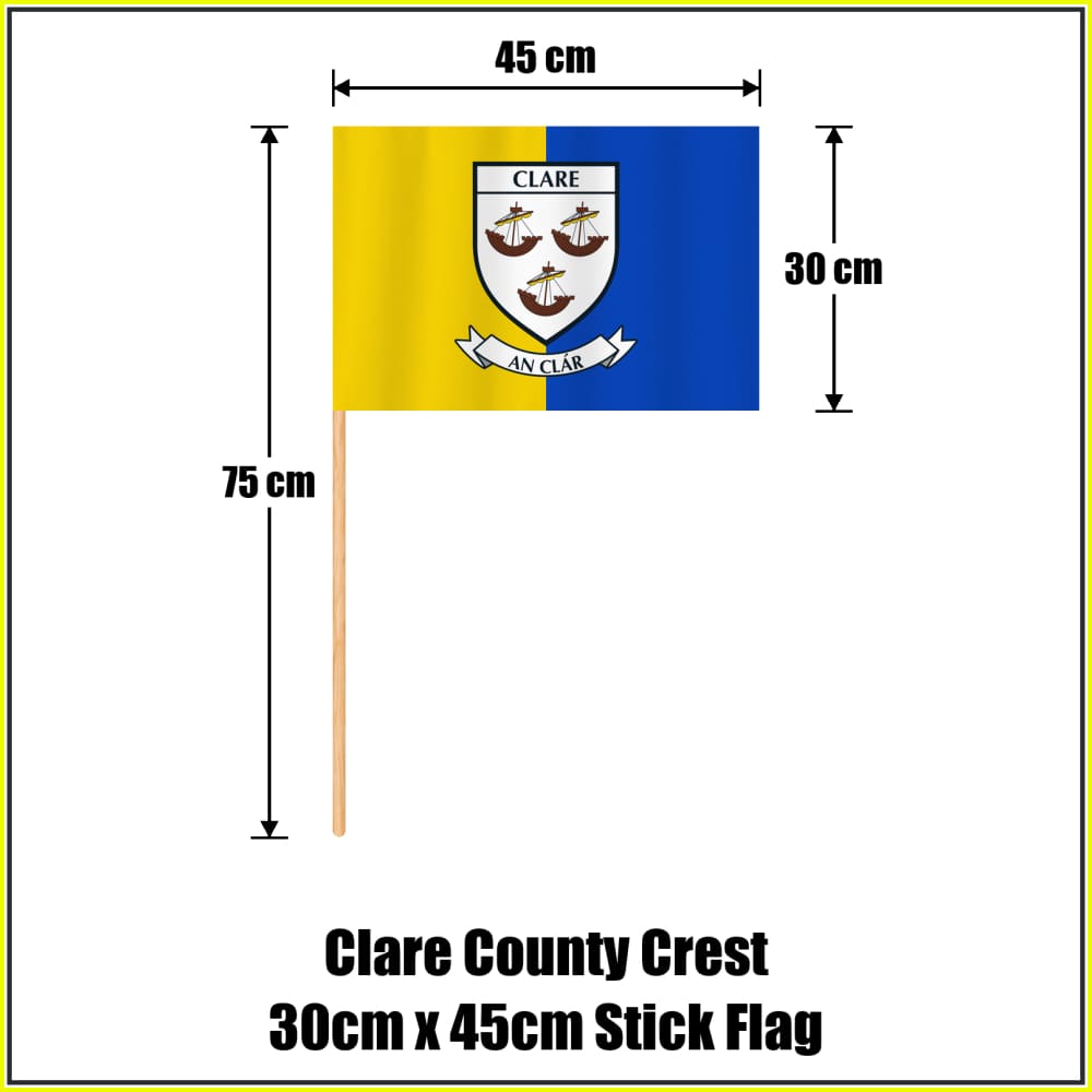 Clare county crest 30 × 45 cm stick flag in yellow and blue, with a 75 cm wooden stick and dimension arrows.