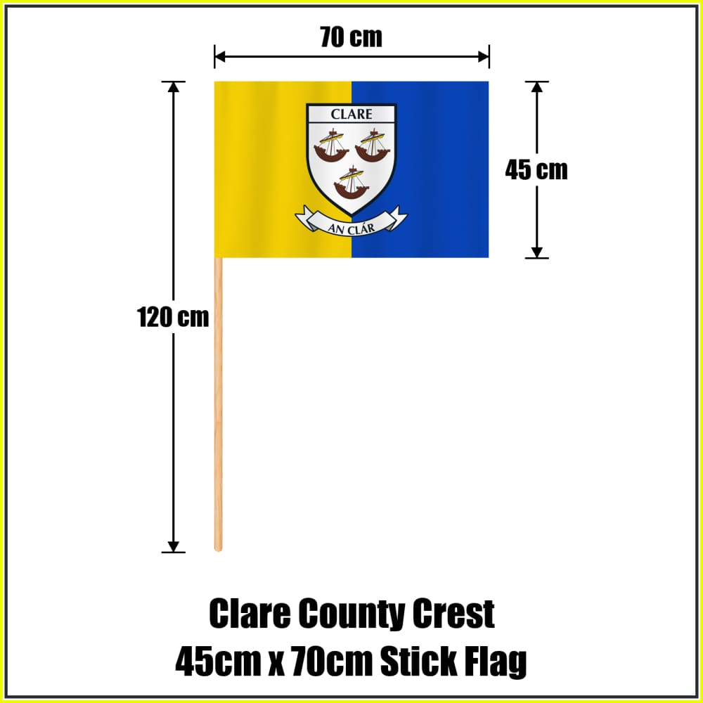 Clare county crest 45 × 70 cm stick flag in yellow and blue, with a 120 cm wooden stick and dimension arrows.