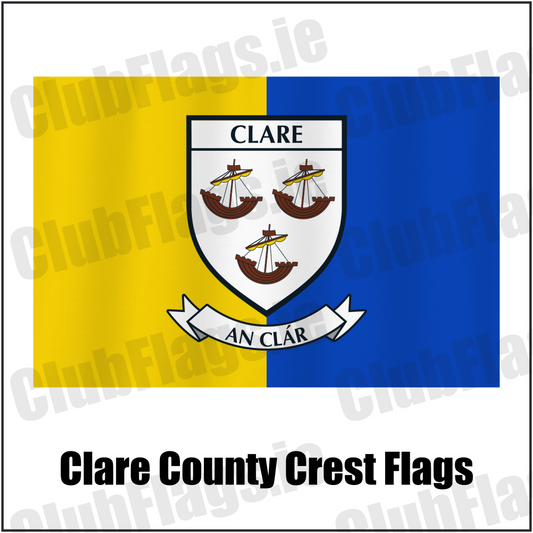 Clare county crest flag in yellow and blue, with county name and crest.