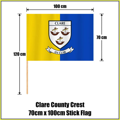 Clare county crest 70 × 100 cm stick flag in yellow and blue, with a 120 cm wooden stick and dimension arrows.