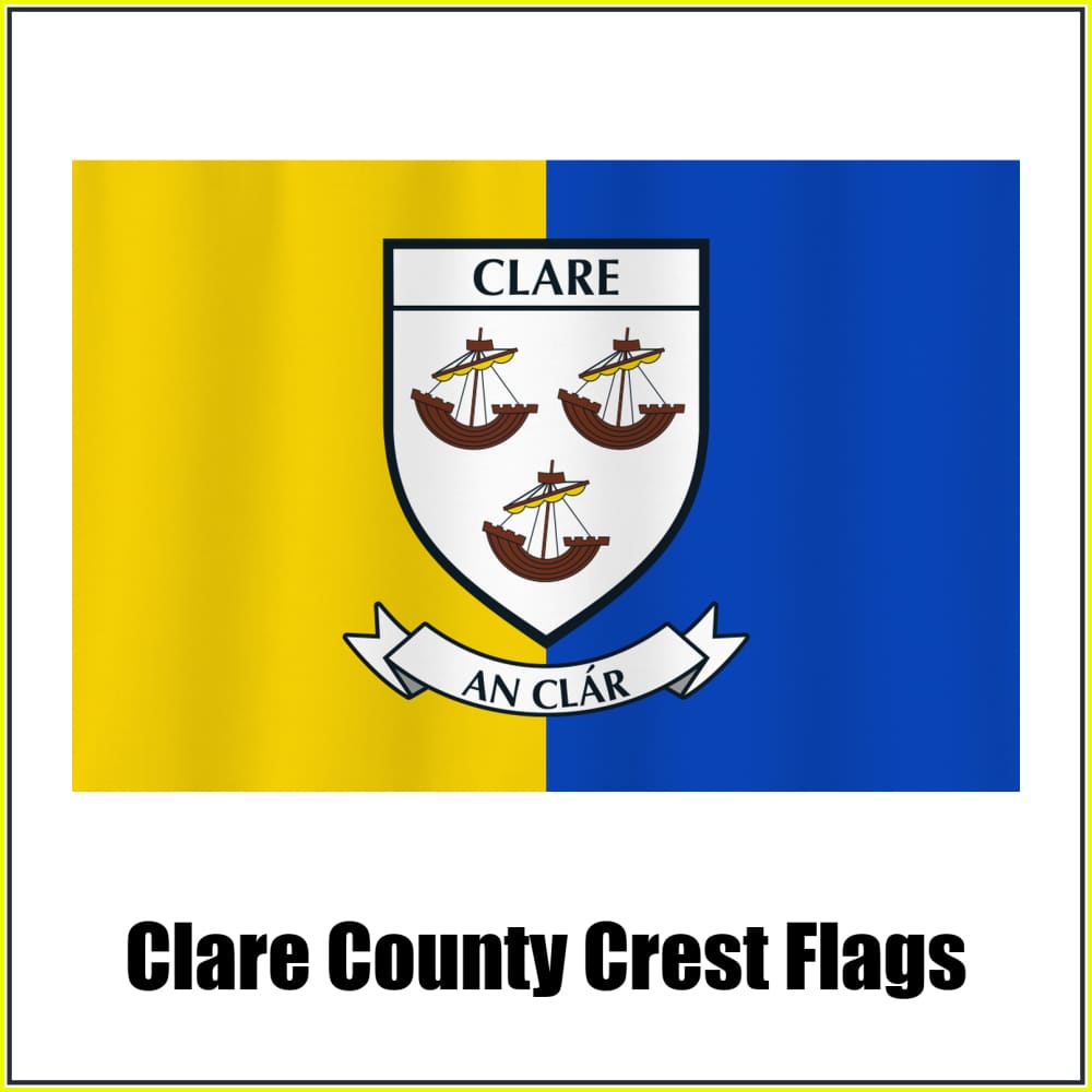 Clare county crest flag in yellow and blue, with county name and crest.