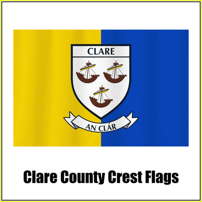 Clare county crest flag in yellow and blue, with county name and crest.