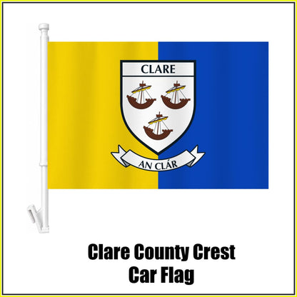 Clare county crest car flag in yellow and blue, on a white plastic window mount.