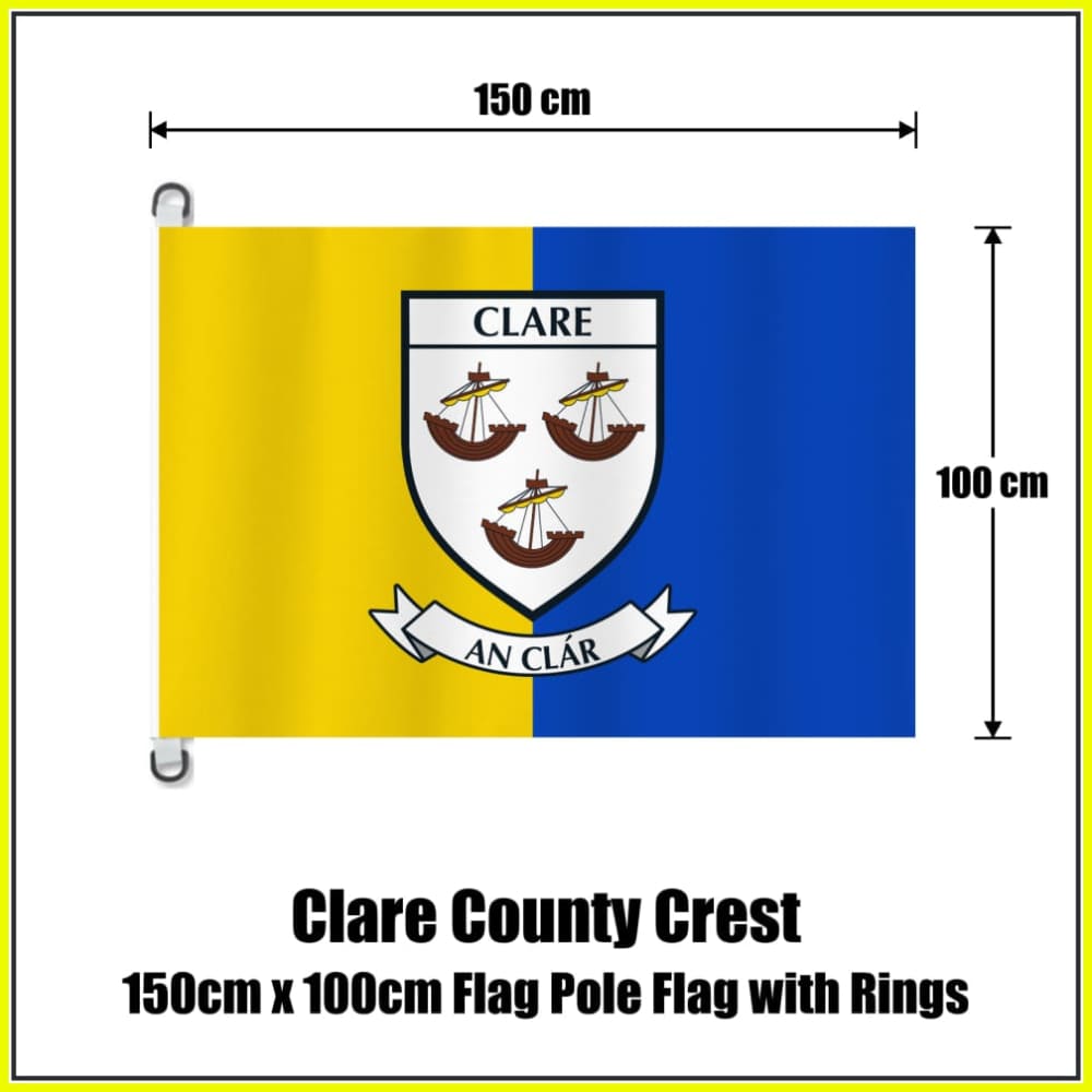 Clare county crest flag, 150 cm wide × 100 cm high, in yellow and blue, with two dark attachment rings on white tabs and no pole.