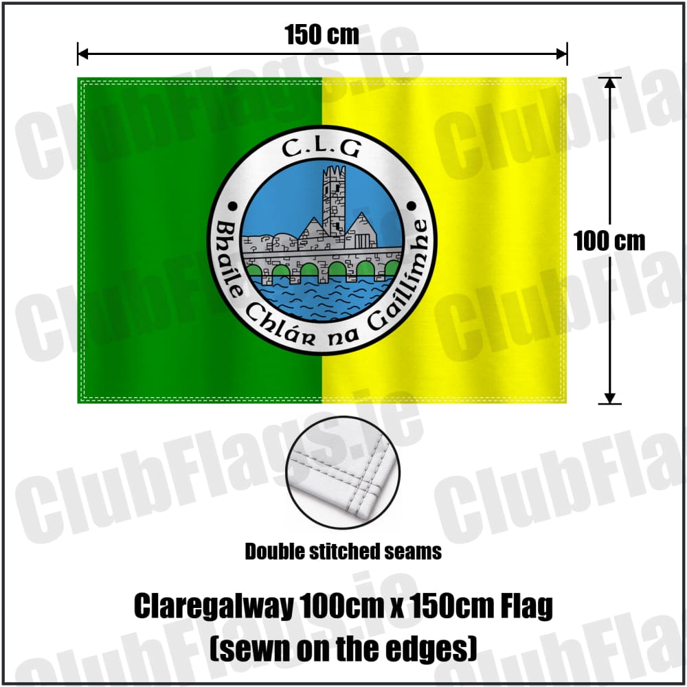 Claregalway 100cm x 150cm Flag (sewn on the edges) in green and yellow, featuring the club crest on realistic fabric with gentle vertical folds; County Galway GAA. ClubFlags.ie.