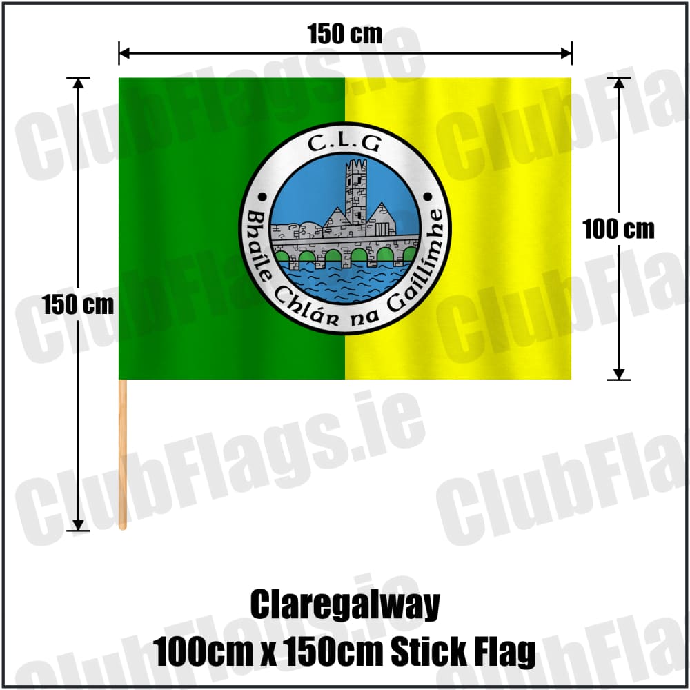 Claregalway 100cm x 150cm Stick Flag in green and yellow, featuring the club crest on realistic fabric with gentle vertical folds; County Galway GAA. ClubFlags.ie.