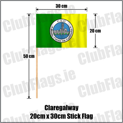 Claregalway 20cm x 30cm Stick Flag in green and yellow, featuring the club crest on realistic fabric with gentle vertical folds; County Galway GAA. ClubFlags.ie.