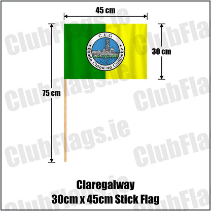 Claregalway 30cm x 45cm Stick Flag in green and yellow, featuring the club crest on realistic fabric with gentle vertical folds; County Galway GAA. ClubFlags.ie.