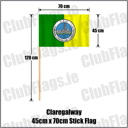 Claregalway 45cm x 70cm Stick Flag in green and yellow, featuring the club crest on realistic fabric with gentle vertical folds; County Galway GAA. ClubFlags.ie.