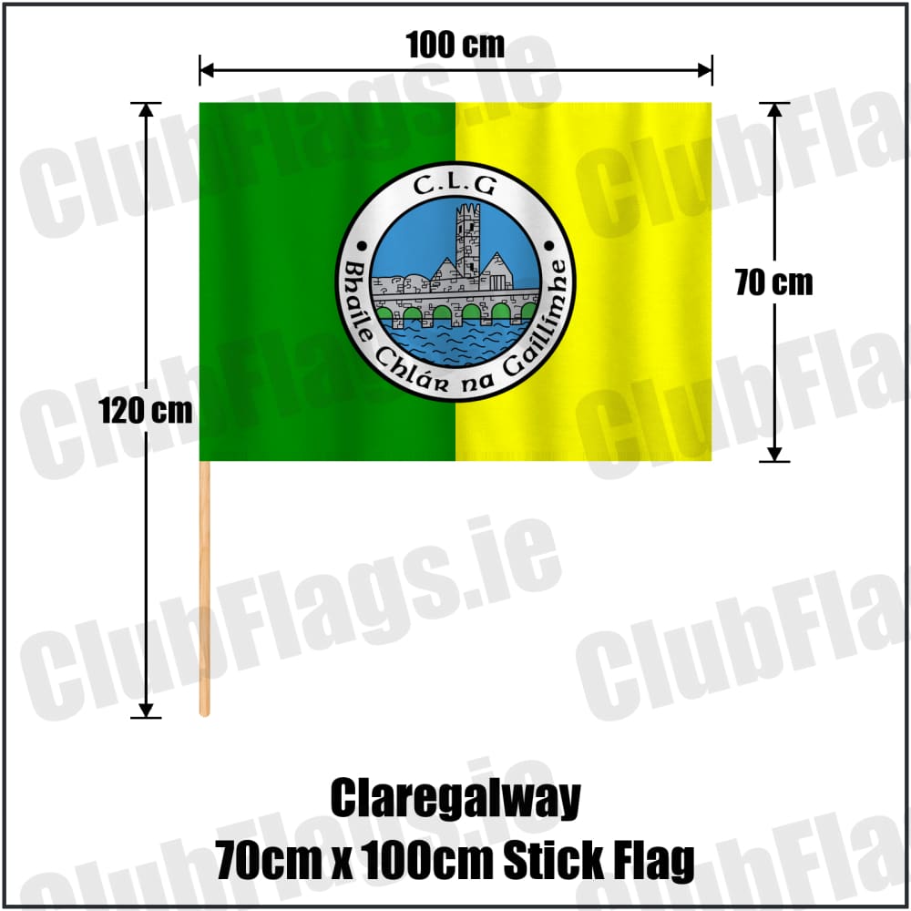 Claregalway 70cm x 100cm Stick Flag in green and yellow, featuring the club crest on realistic fabric with gentle vertical folds; County Galway GAA. ClubFlags.ie.