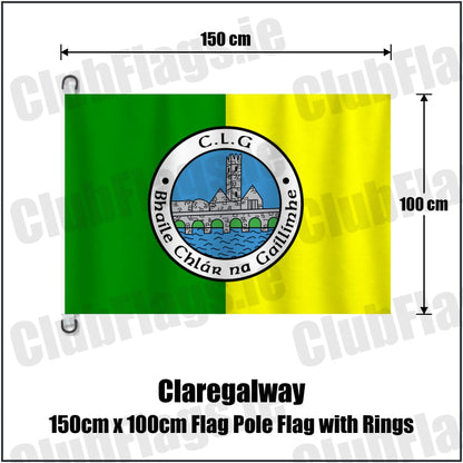 Claregalway 150cm x 100cm Flag Pole Flag with Rings in green and yellow, featuring the club crest on realistic fabric with gentle vertical folds; County Galway GAA. ClubFlags.ie.