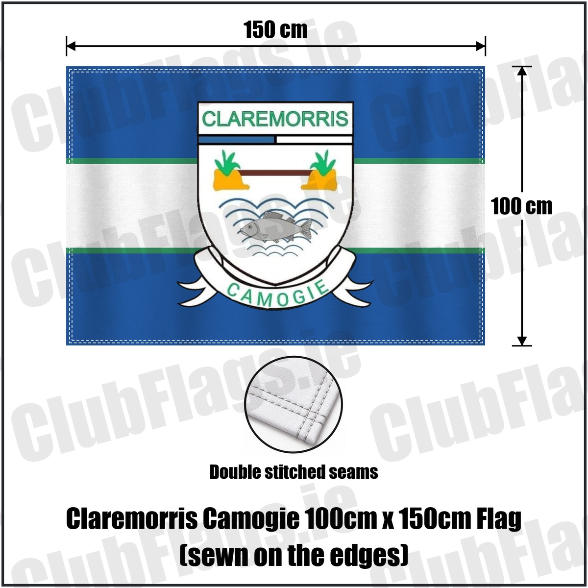 Claremorris Camogie 100cm x 150cm Flag (sewn on the edges), featuring the club crest and blue and white and green colours; County Mayo camogie. ClubFlags.ie.