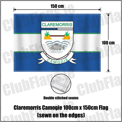 Claremorris Camogie 100cm x 150cm Flag (sewn on the edges), featuring the club crest and blue and white and green colours; County Mayo camogie. ClubFlags.ie.