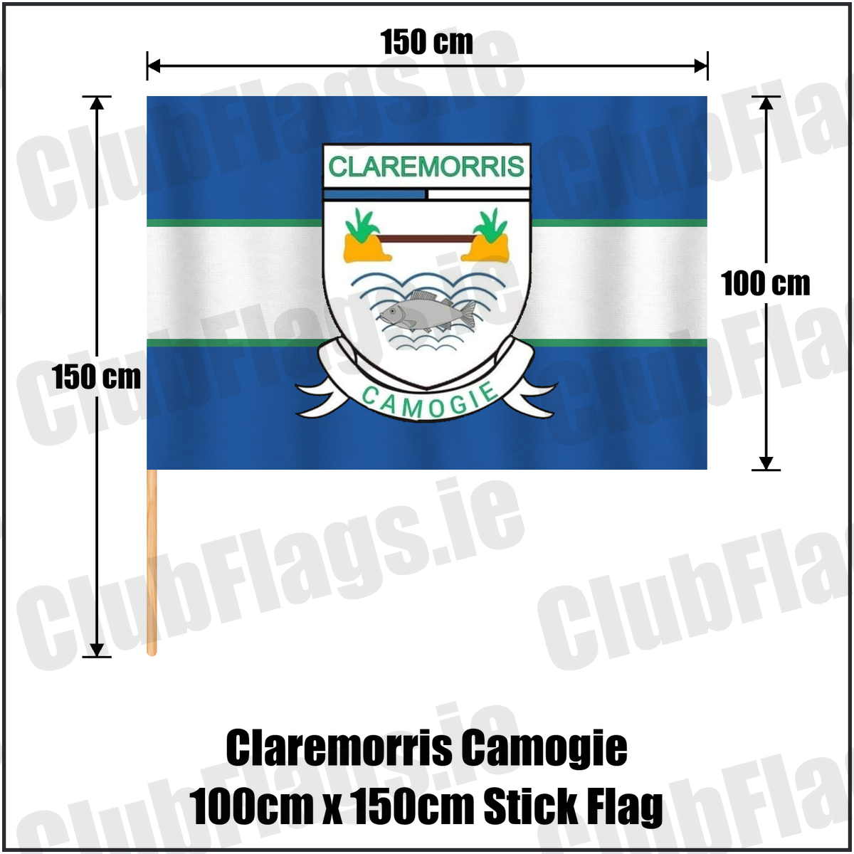 Claremorris Camogie 100cm x 150cm Stick Flag, featuring the club crest and blue and white and green colours; County Mayo camogie. ClubFlags.ie.