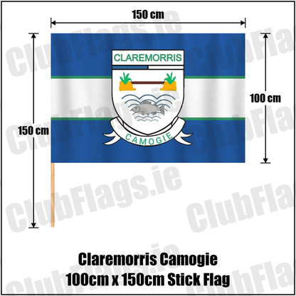 Claremorris Camogie 100cm x 150cm Stick Flag, featuring the club crest and blue and white and green colours; County Mayo camogie. ClubFlags.ie.