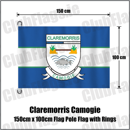Claremorris Camogie 150cm x 100cm Flag Pole Flag with Rings, featuring the club crest and blue and white and green colours; County Mayo camogie. ClubFlags.ie.