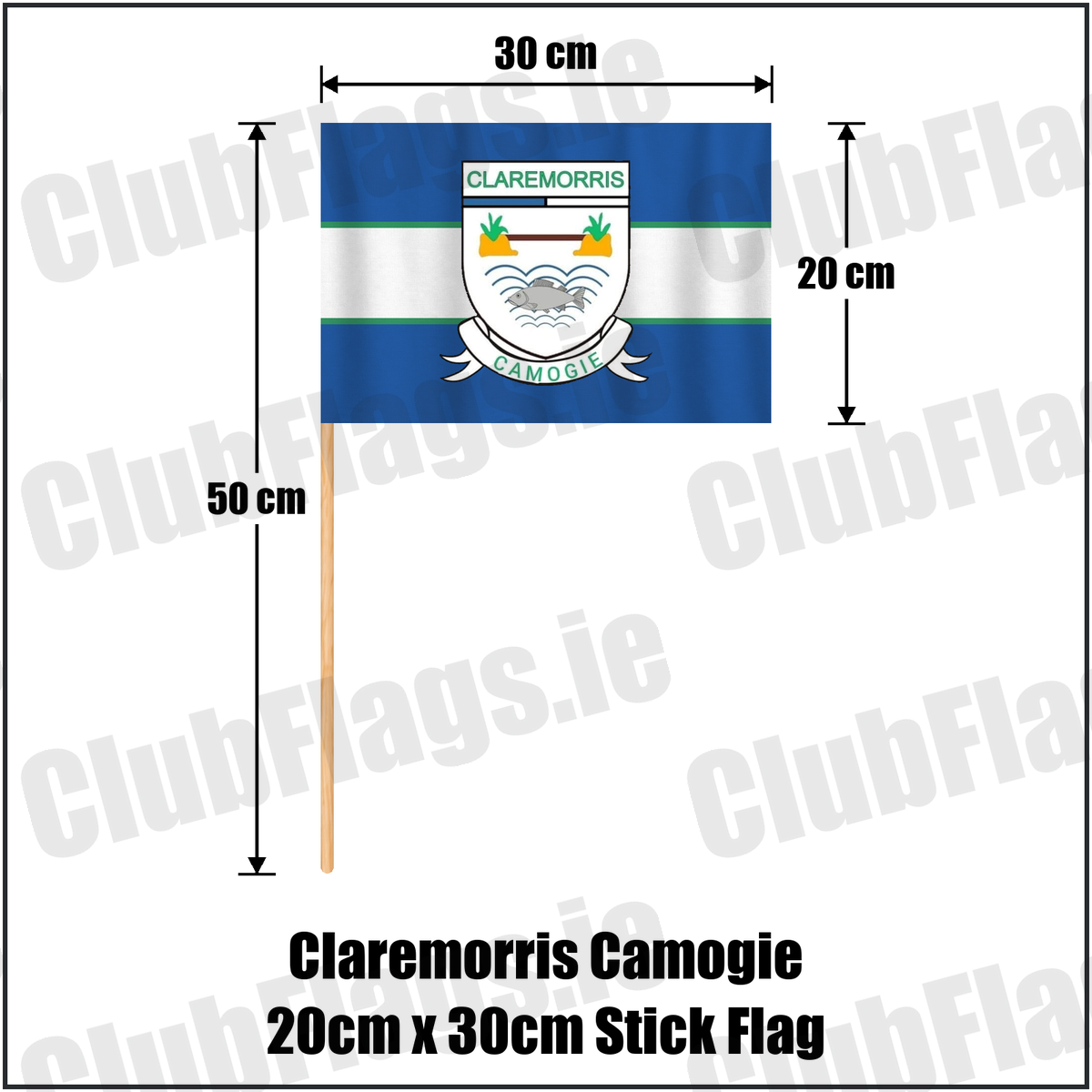 Claremorris Camogie 20cm x 30cm Stick Flag, featuring the club crest and blue and white and green colours; County Mayo camogie. ClubFlags.ie.