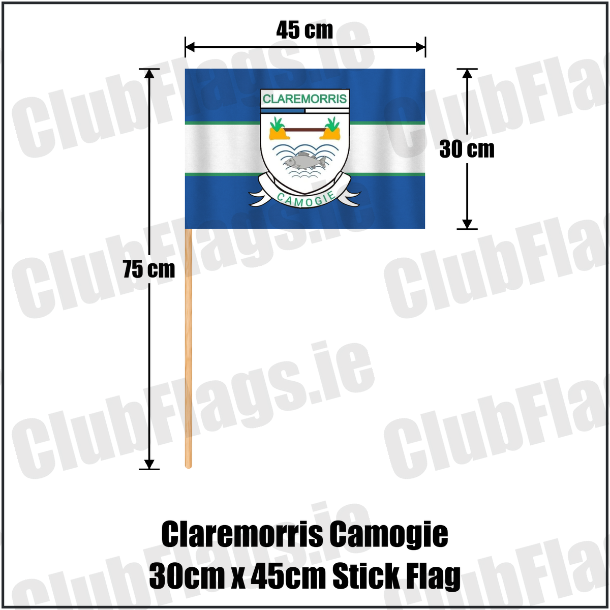 Claremorris Camogie 30cm x 45cm Stick Flag, featuring the club crest and blue and white and green colours; County Mayo camogie. ClubFlags.ie.