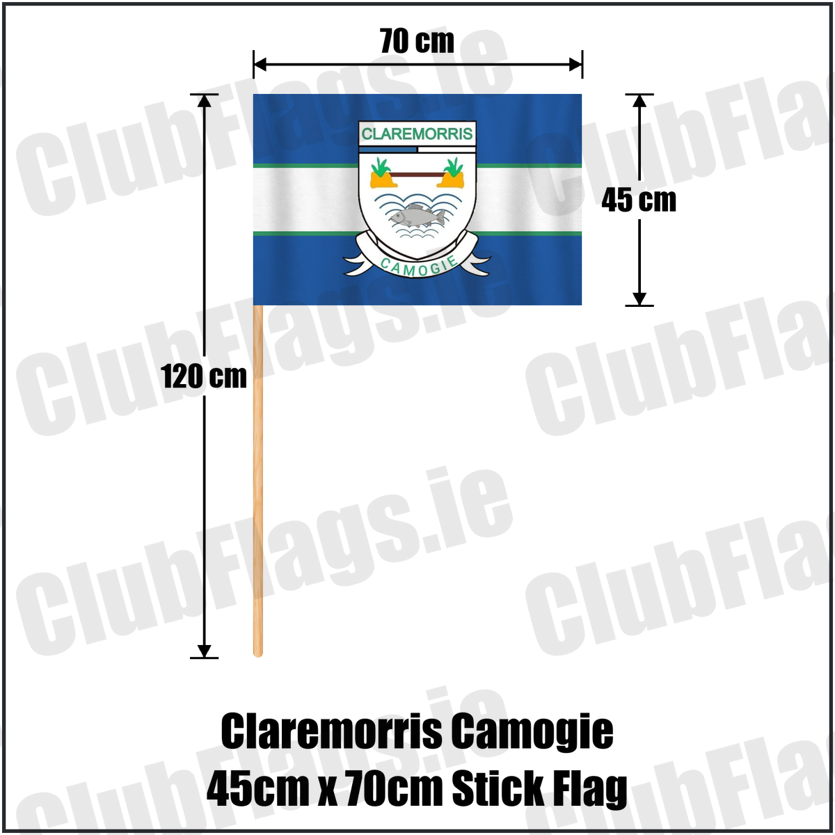 Claremorris Camogie 45cm x 70cm Stick Flag, featuring the club crest and blue and white and green colours; County Mayo camogie. ClubFlags.ie.
