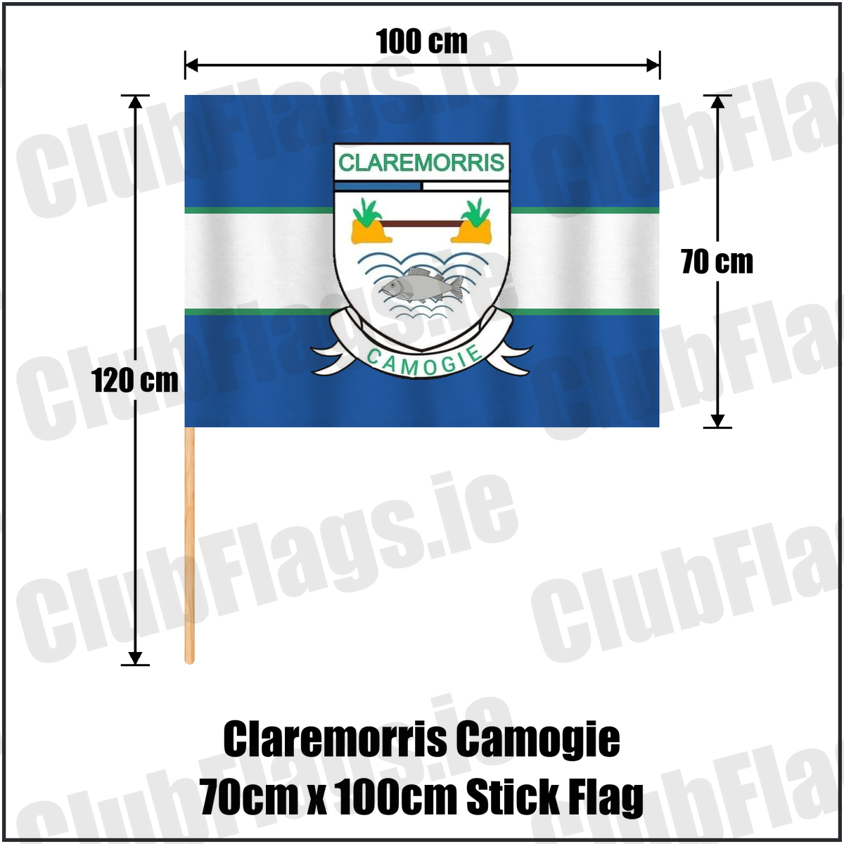 Claremorris Camogie 70cm x 100cm Stick Flag, featuring the club crest and blue and white and green colours; County Mayo camogie. ClubFlags.ie.
