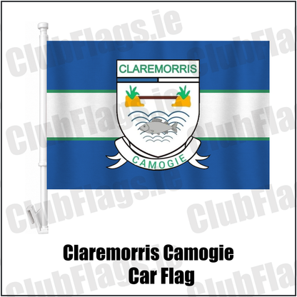 Claremorris Camogie Car Flag, featuring the club crest and blue and white and green colours; County Mayo camogie. ClubFlags.ie.