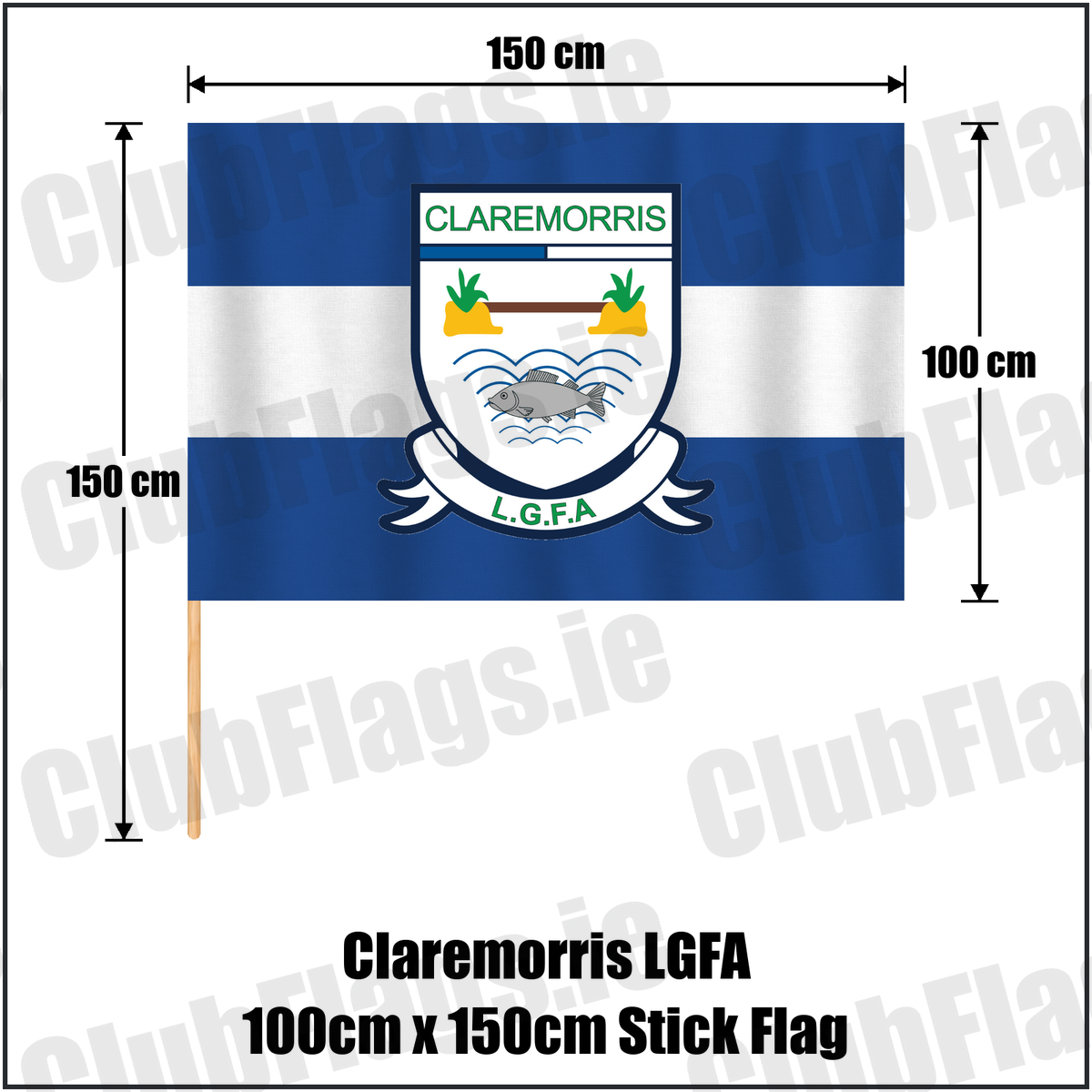 Claremorris LGFA 100cm x 150cm Stick Flag, featuring the club crest and blue and white colours; ladies Gaelic football club, County Mayo. ClubFlags.ie.