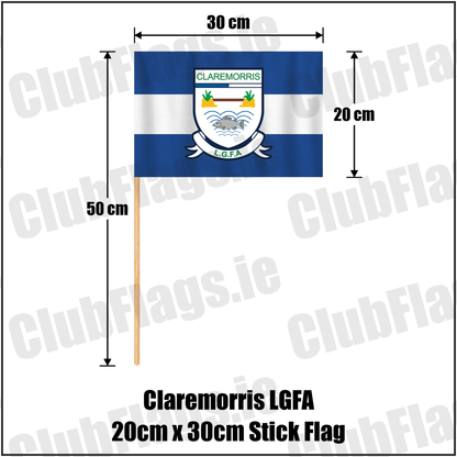 Claremorris LGFA 20cm x 30cm Stick Flag, featuring the club crest and blue and white colours; ladies Gaelic football club, County Mayo. ClubFlags.ie.
