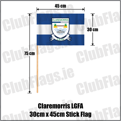 Claremorris LGFA 30cm x 45cm Stick Flag, featuring the club crest and blue and white colours; ladies Gaelic football club, County Mayo. ClubFlags.ie.