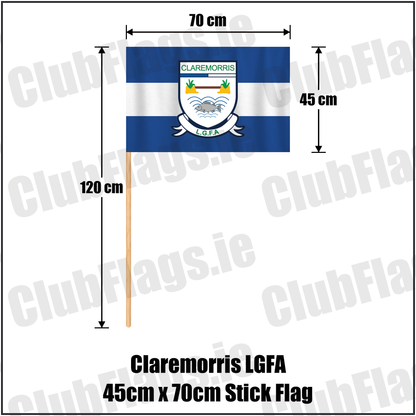 Claremorris LGFA 45cm x 70cm Stick Flag, featuring the club crest and blue and white colours; ladies Gaelic football club, County Mayo. ClubFlags.ie.
