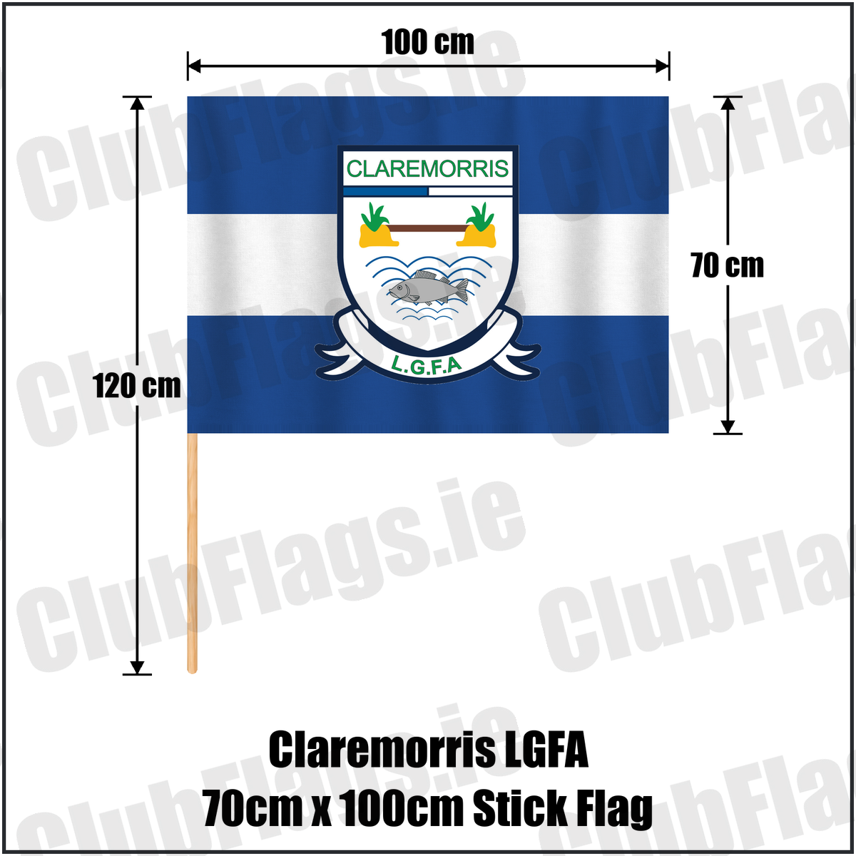Claremorris LGFA 70cm x 100cm Stick Flag, featuring the club crest and blue and white colours; ladies Gaelic football club, County Mayo. ClubFlags.ie.
