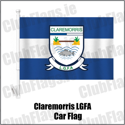 Claremorris LGFA Car Flag, featuring the club crest and blue and white colours; ladies Gaelic football club, County Mayo. ClubFlags.ie.