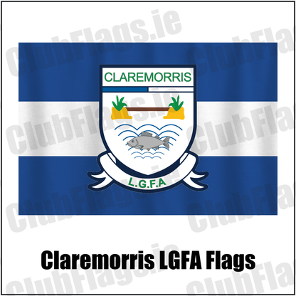 Claremorris LGFA Flags, featuring the club crest and blue and white colours; ladies Gaelic football club, County Mayo. ClubFlags.ie.