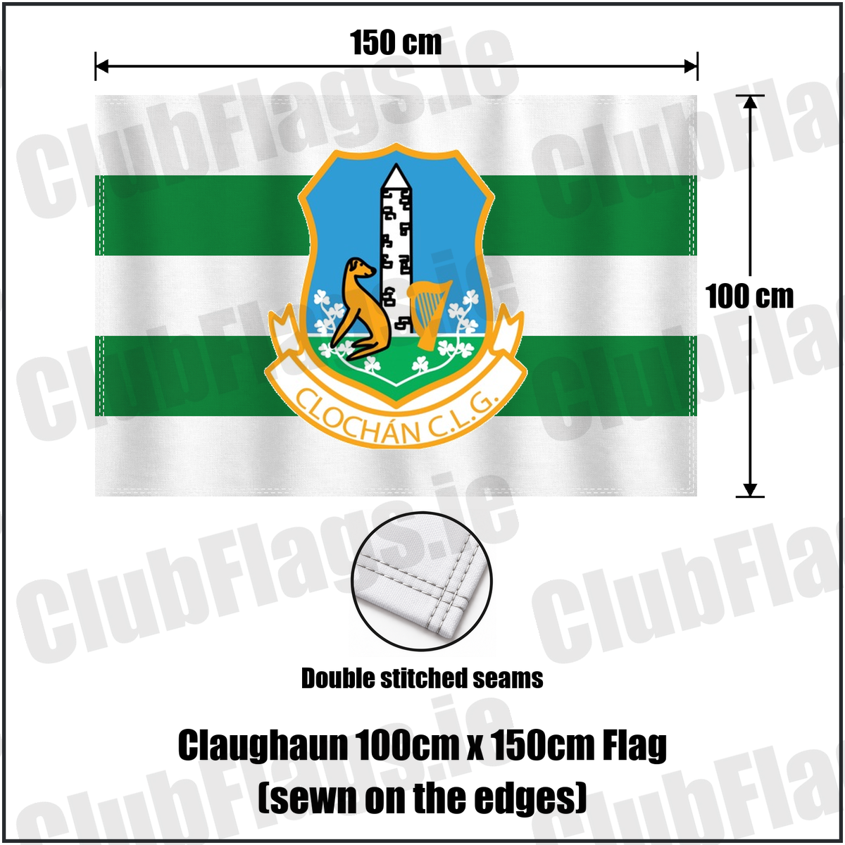 Claughaun 100cm x 150cm Flag (sewn on the edges), featuring the club crest and white and green colours; County Limerick GAA. ClubFlags.ie.
