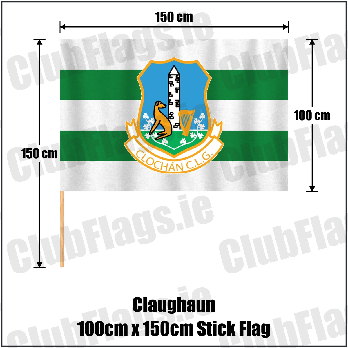 Claughaun 100cm x 150cm Stick Flag, featuring the club crest and white and green colours; County Limerick GAA. ClubFlags.ie.