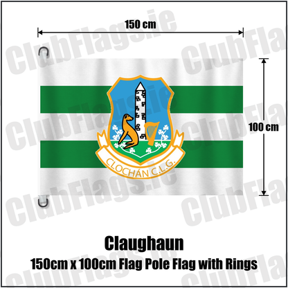 Claughaun 150cm x 100cm Flag Pole Flag with Rings, featuring the club crest and white and green colours; County Limerick GAA. ClubFlags.ie.