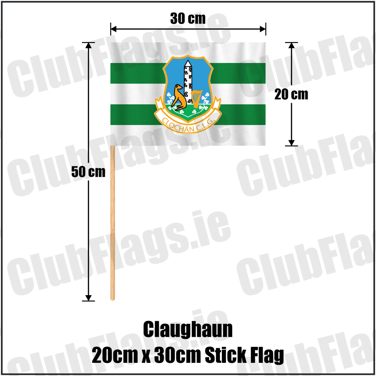 Claughaun 20cm x 30cm Stick Flag, featuring the club crest and white and green colours; County Limerick GAA. ClubFlags.ie.