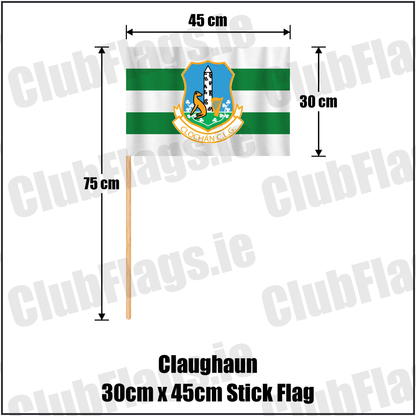 Claughaun 30cm x 45cm Stick Flag, featuring the club crest and white and green colours; County Limerick GAA. ClubFlags.ie.