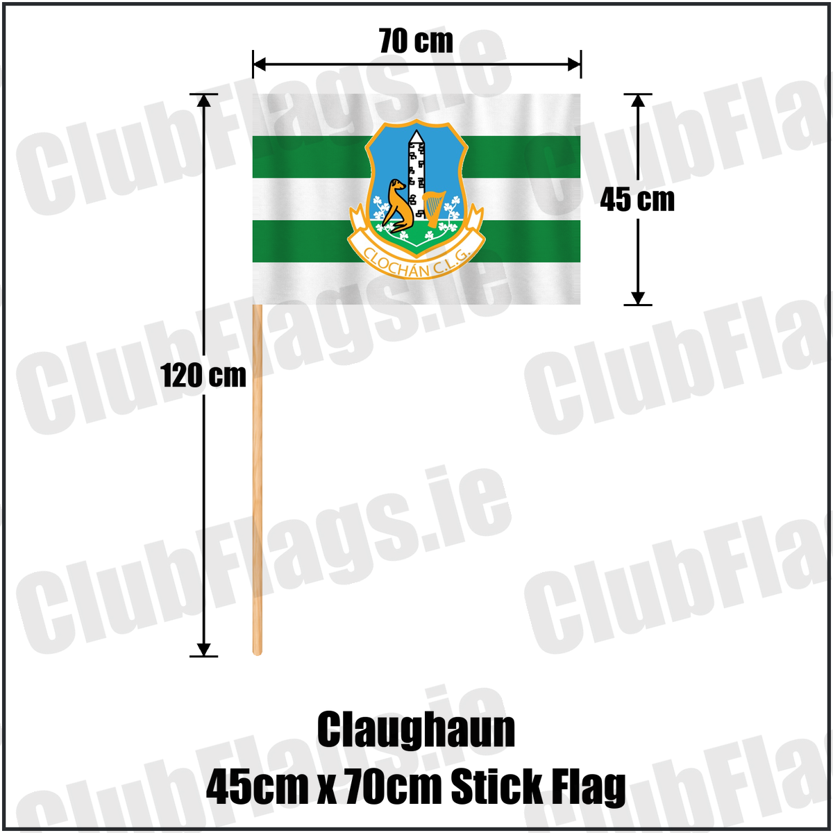 Claughaun 45cm x 70cm Stick Flag, featuring the club crest and white and green colours; County Limerick GAA. ClubFlags.ie.