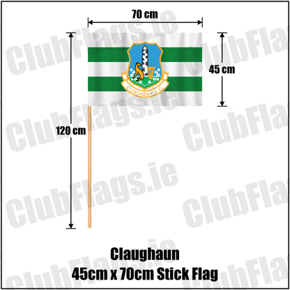 Claughaun 45cm x 70cm Stick Flag, featuring the club crest and white and green colours; County Limerick GAA. ClubFlags.ie.