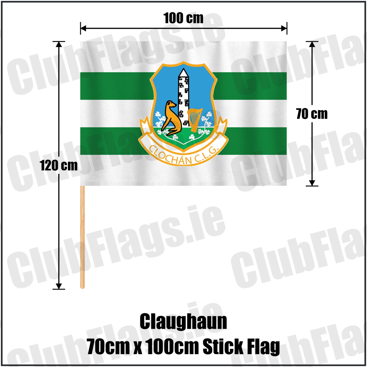 Claughaun 70cm x 100cm Stick Flag, featuring the club crest and white and green colours; County Limerick GAA. ClubFlags.ie.