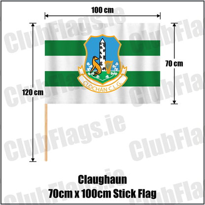 Claughaun 70cm x 100cm Stick Flag, featuring the club crest and white and green colours; County Limerick GAA. ClubFlags.ie.