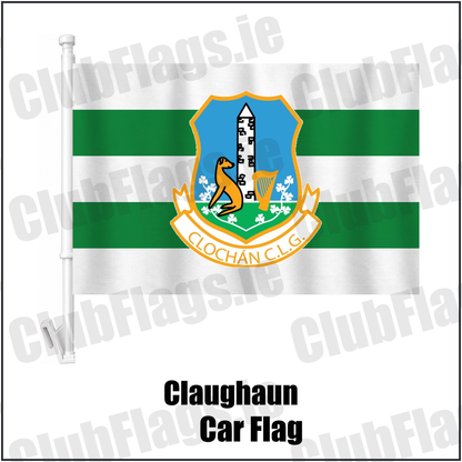 Claughaun Car Flag, featuring the club crest and white and green colours; County Limerick GAA. ClubFlags.ie.