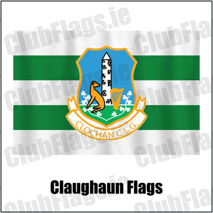 Claughaun Flags, featuring the club crest and white and green colours; County Limerick GAA. ClubFlags.ie.