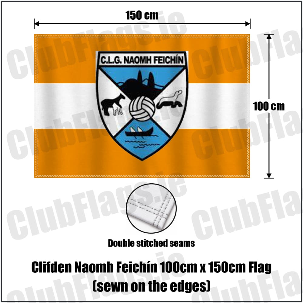Clifden Naomh Feichín 100cm x 150cm Flag (sewn on the edges) in orange and white, featuring the club crest on realistic fabric with gentle vertical folds; County Galway GAA. ClubFlags.ie.
