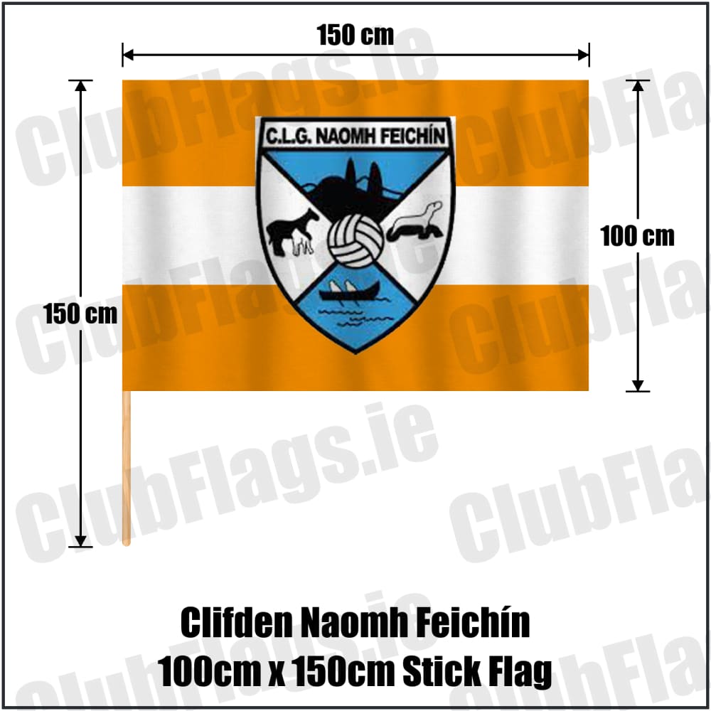 Clifden Naomh Feichín 100cm x 150cm Stick Flag in orange and white, featuring the club crest on realistic fabric with gentle vertical folds; County Galway GAA. ClubFlags.ie.