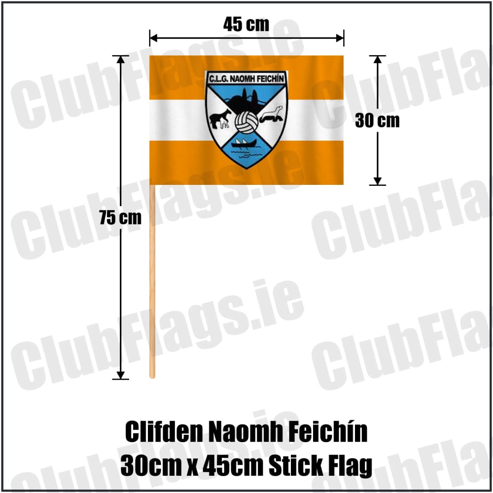 Clifden Naomh Feichín 30cm x 45cm Stick Flag in orange and white, featuring the club crest on realistic fabric with gentle vertical folds; County Galway GAA. ClubFlags.ie.